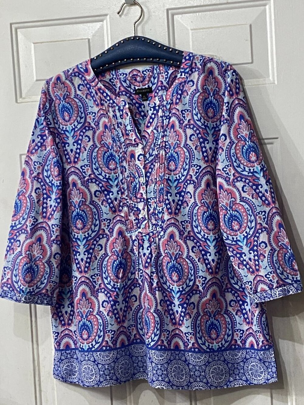 Talbots Womens Sz XL Blouse Popover Tunic 3/4 Sleeve Blue/Pink Paisley